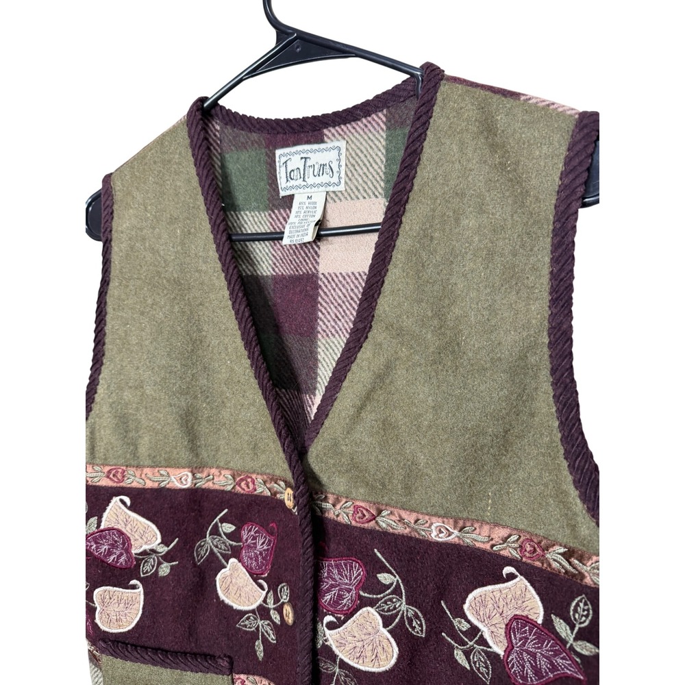 Vintage TanTrums Wool Blend Embroidered Plaid Vest Green Burgundy Womens Medium - Picture 2 of 5
